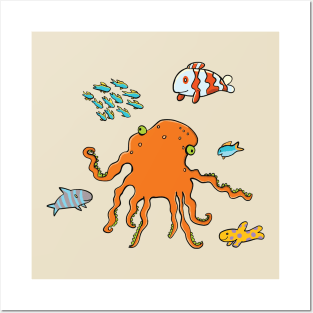Funny orange octopus and colorful fish around Posters and Art